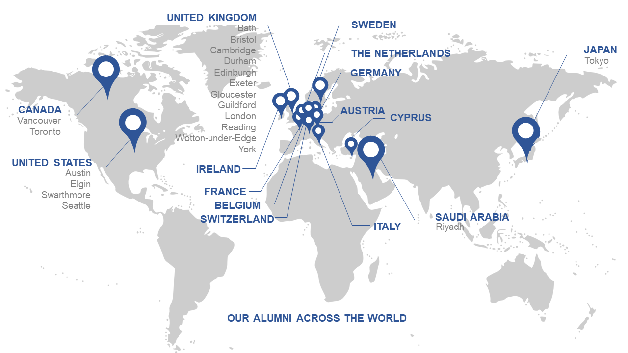 Graphic of a map of locations of some Higgs Centre alumni around the world