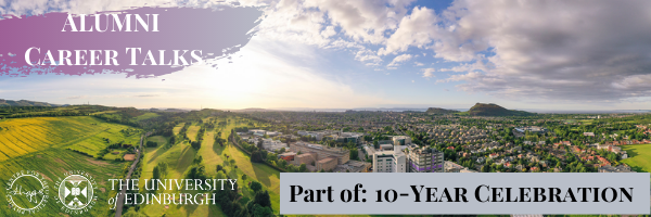 alumni career talk banner of drone view over Edinburgh, focussing on JCMB